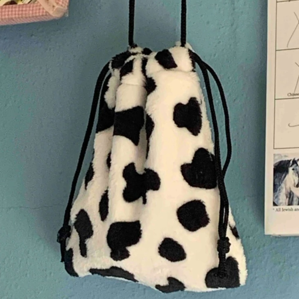 New Faux Fur Medium Cow Print Buttery Soft Handmade Drawstring Crossbody Bag - Picture 6 of 15